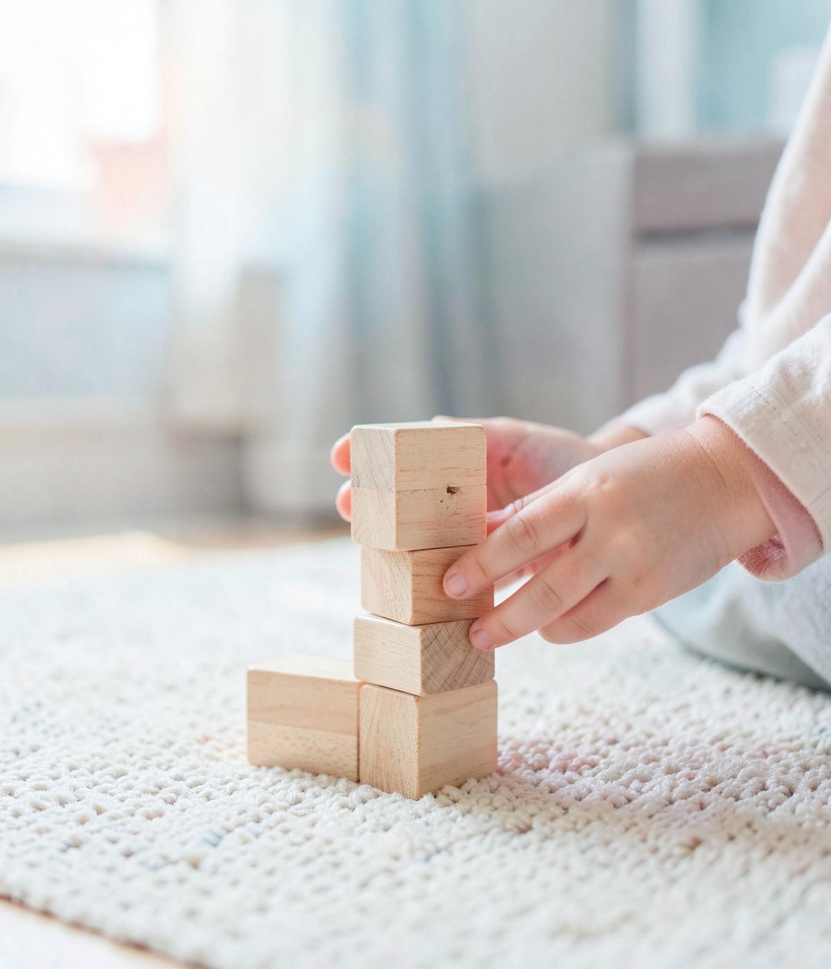 Un enfant empile des cubes en bois sur un tapis clair, à la maison